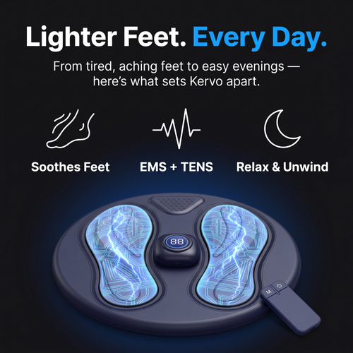 Kervo EMS foot massager benefits: soothes tired feet, EMS + TENS massage, relax and unwind